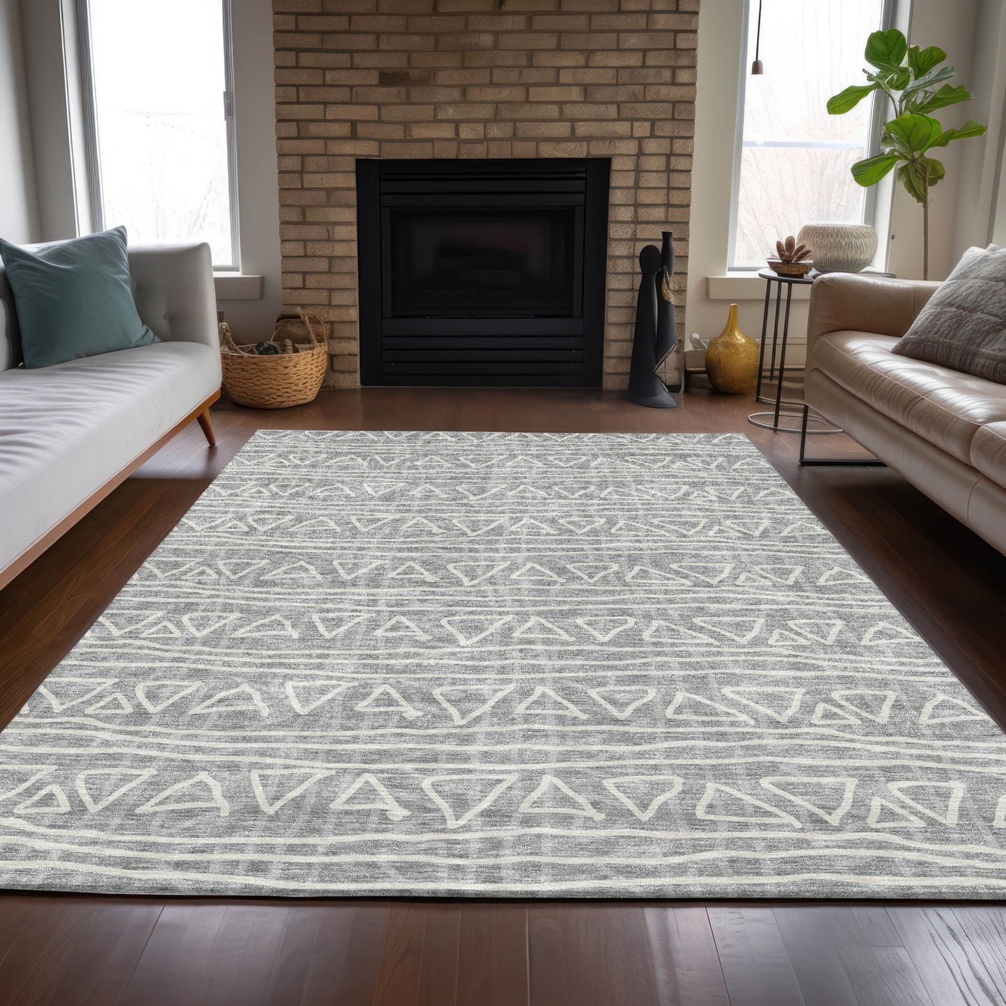 10' X 14' Gray Charcoal And Silver Geometric Washable Indoor Outdoor Area Rug