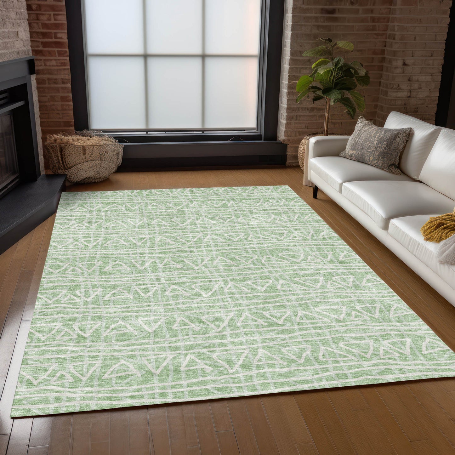 10' X 14' Mint Green Artichoke Green And Ivory Geometric Washable Indoor Outdoor Area Rug