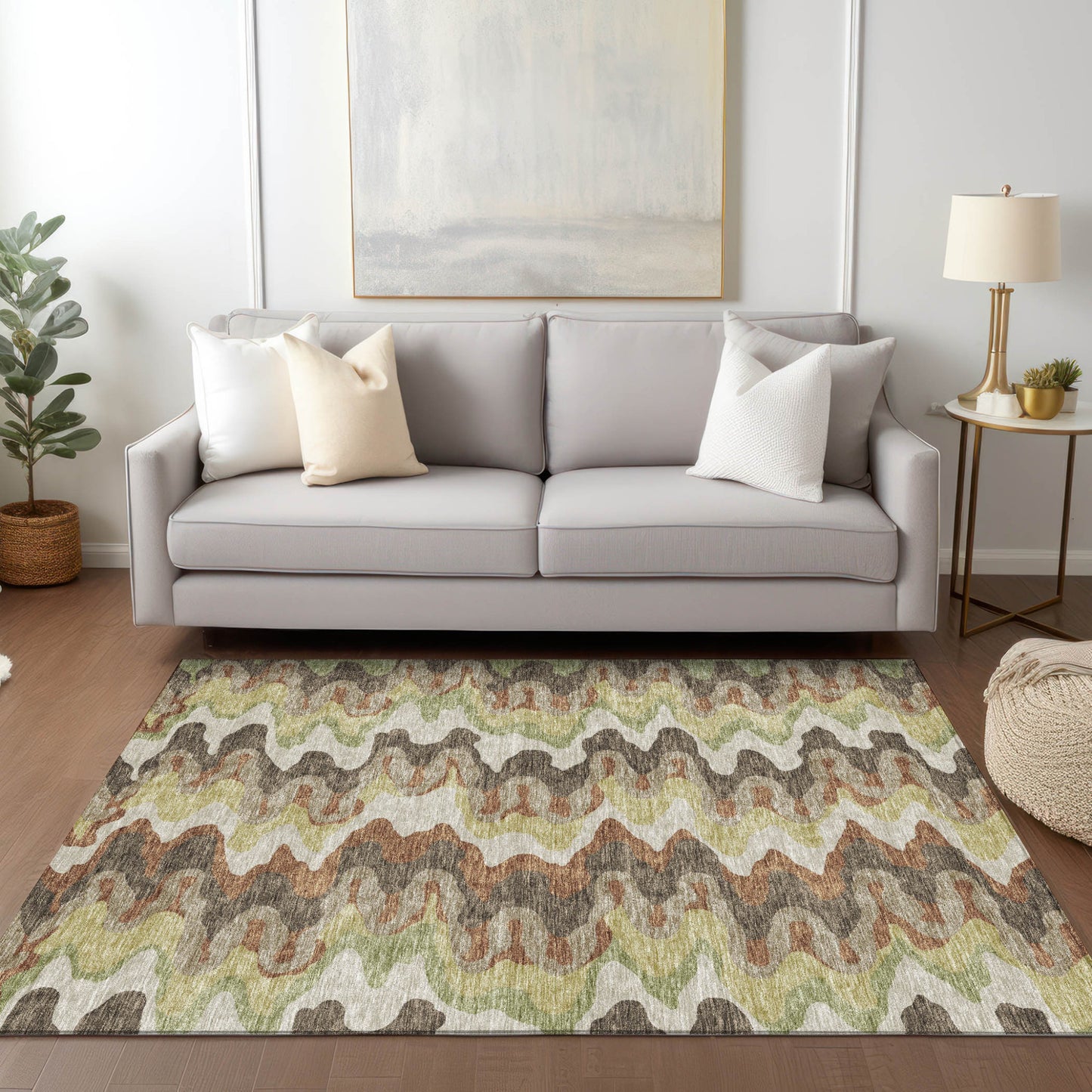 10' X 14' Chocolate Copper And Artichoke Green Abstract Washable Indoor Outdoor Area Rug