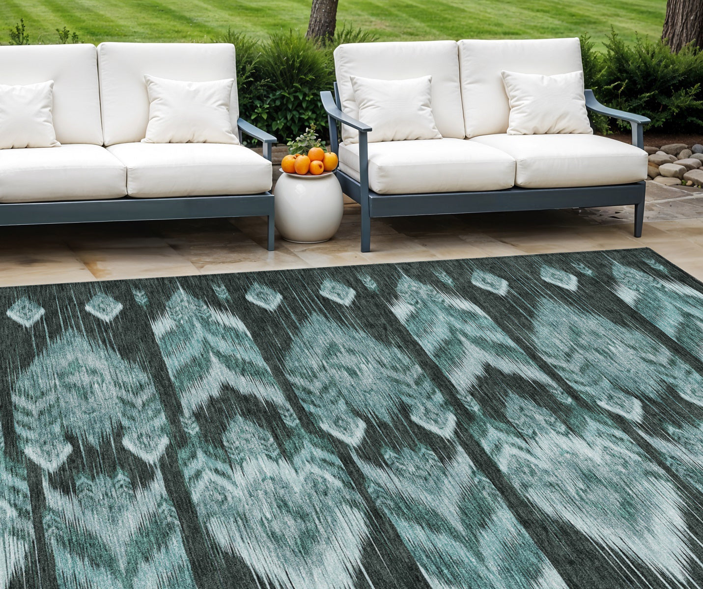 10' X 14' Teal Blue Aqua And Charcoal Southwestern Washable Indoor Outdoor Area Rug