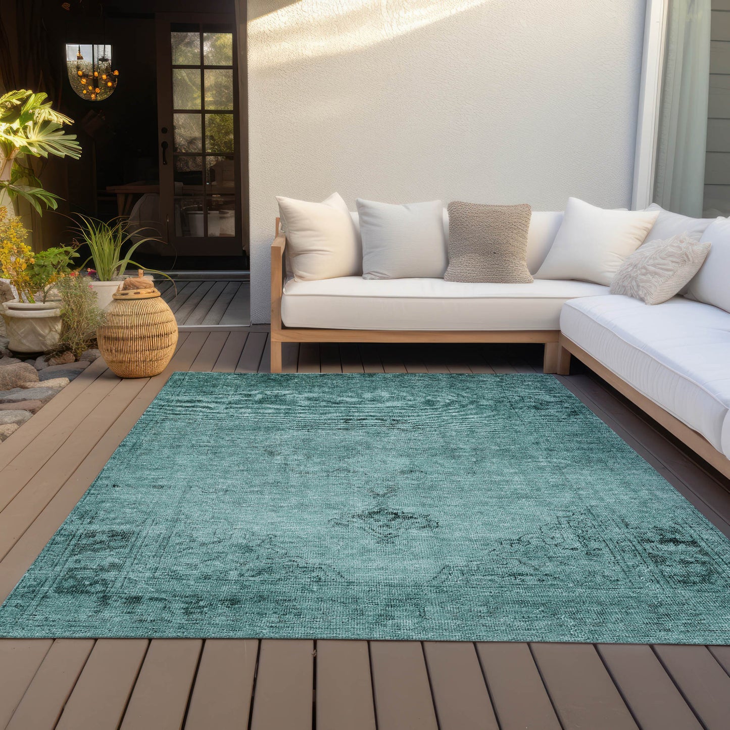 5' X 8' Teal Blue Turquoise And Charcoal Oriental Washable Indoor Outdoor Area Rug