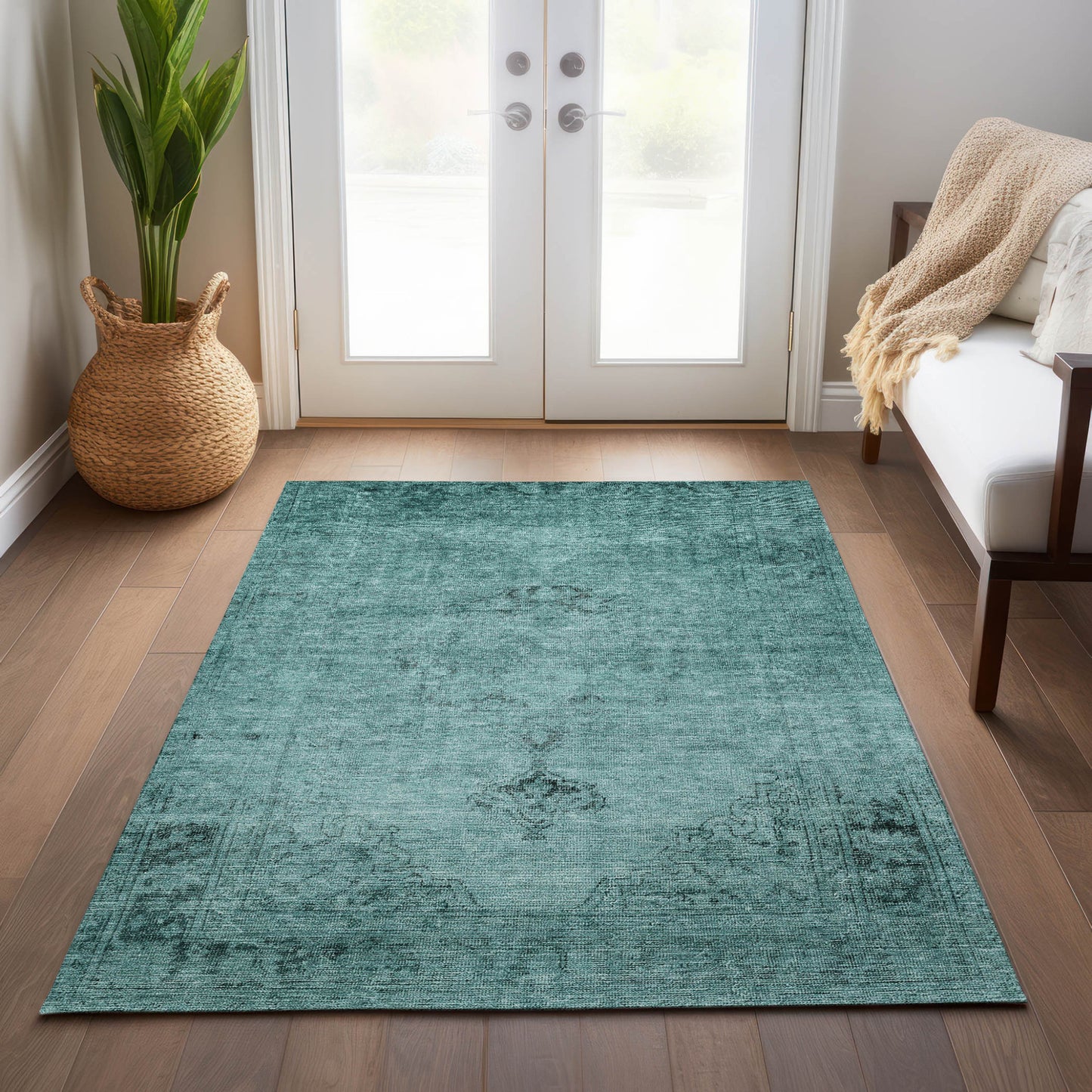 5' X 8' Teal Blue Turquoise And Charcoal Oriental Washable Indoor Outdoor Area Rug
