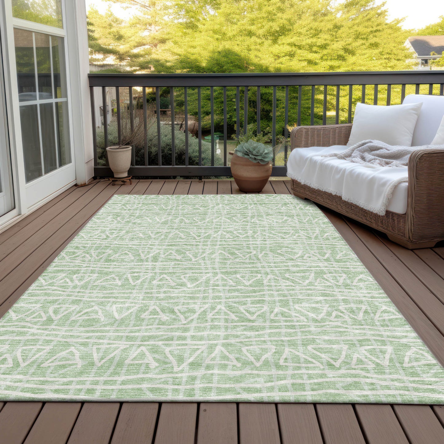 10' X 14' Mint Green Artichoke Green And Ivory Geometric Washable Indoor Outdoor Area Rug