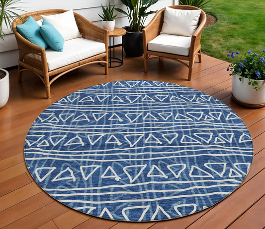 8' Navy Blue And Ivory Round Geometric Washable Indoor Outdoor Area Rug