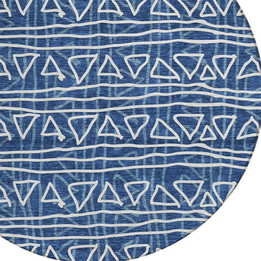 8' Navy Blue And Ivory Round Geometric Washable Indoor Outdoor Area Rug