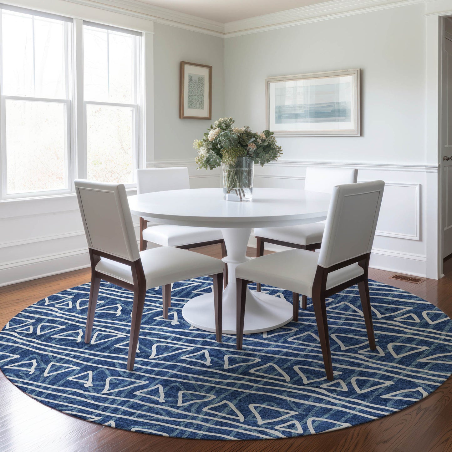8' Navy Blue And Ivory Round Geometric Washable Indoor Outdoor Area Rug