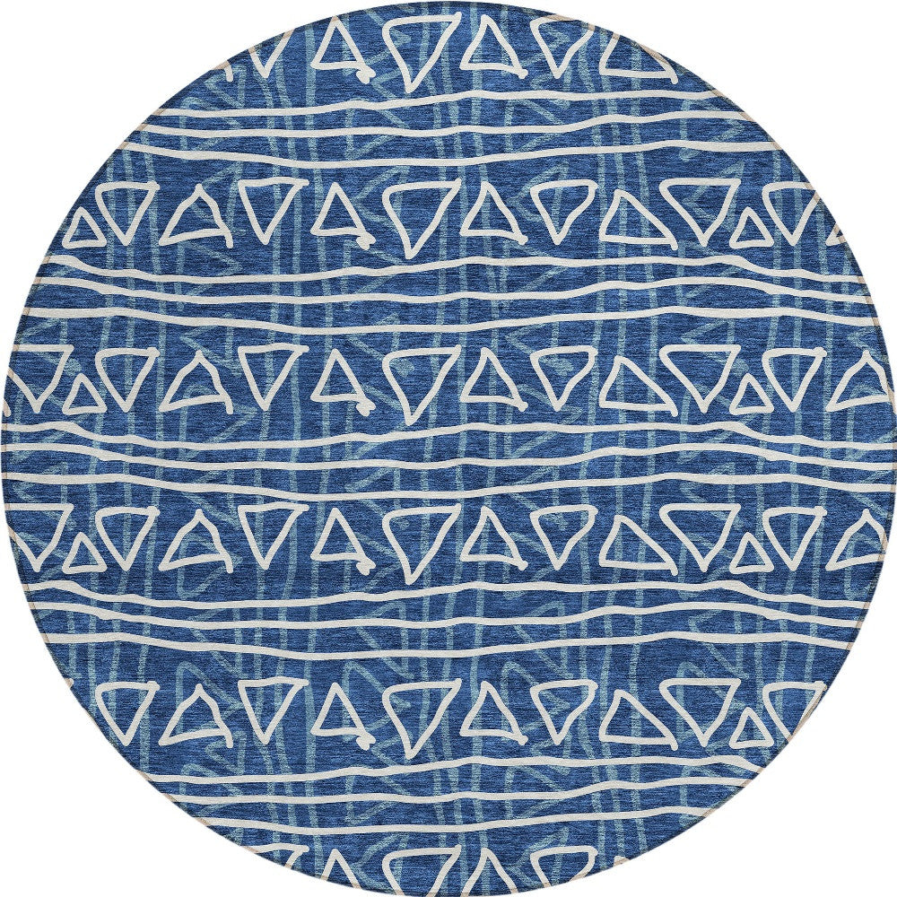 8' Navy Blue And Ivory Round Geometric Washable Indoor Outdoor Area Rug