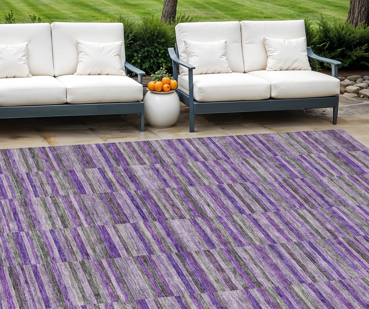 9' X 12' Purple And Lavender Striped Washable Indoor Outdoor Area Rug