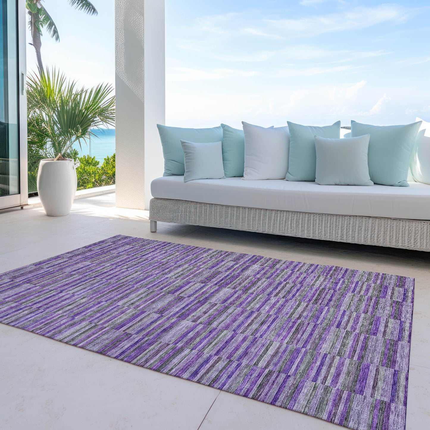 9' X 12' Purple And Lavender Striped Washable Indoor Outdoor Area Rug