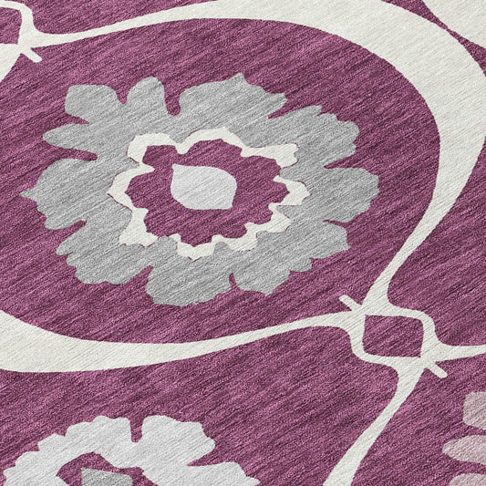 5' X 8' Eggplant Ivory And Gray Medallion Washable Indoor Outdoor Area Rug